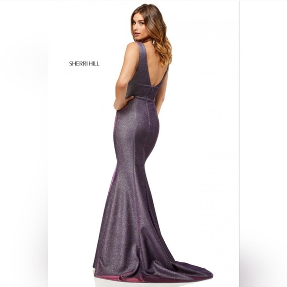 Sherri Hill Pink Plunge Glitter Stretch Slit Formal Dress Size 4 - Picture 6 of 6